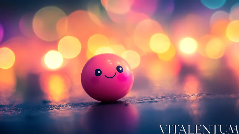 Pink smiling ball on reflective surface under bokeh lights.