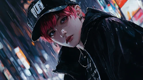 Neon-soaked portrait of red-haired youth in rainy alleyway