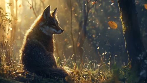 Solitary fox rests in golden forest light at quiet dusk