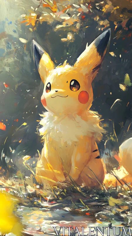 Gentle Pikachu sits in glowing autumn light and soft leaves