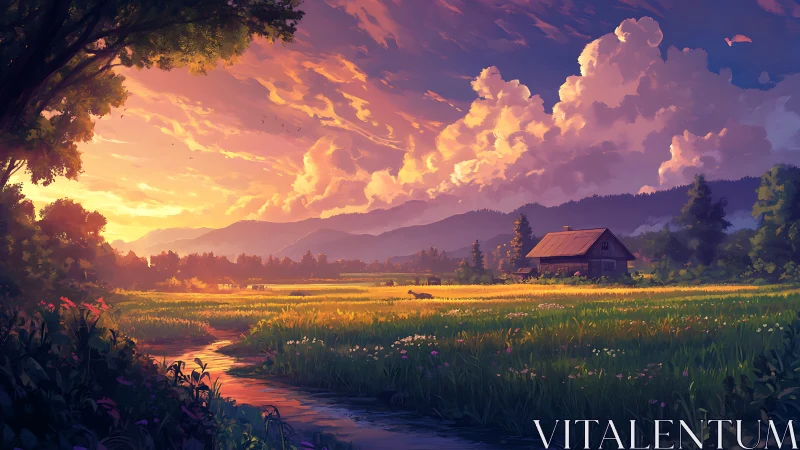 Atmospheric sunset over agrarian valley with cottage and creek.