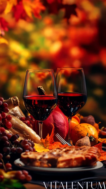 Red wine glasses anchor an autumnal harvest still life