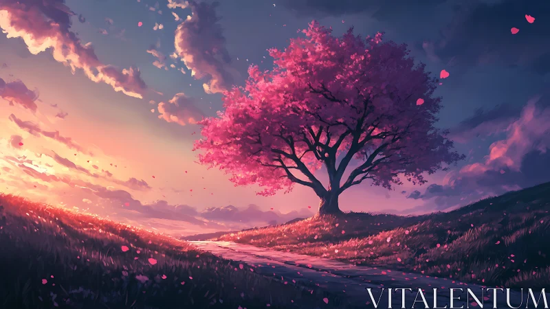 Blossoming pink tree welcomes sunset along a gentle path