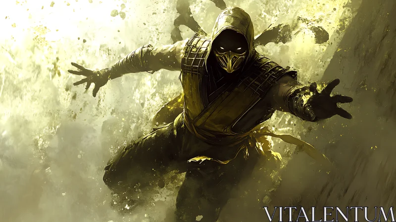 Hooded masked warrior lunges through exploding yellow smoke