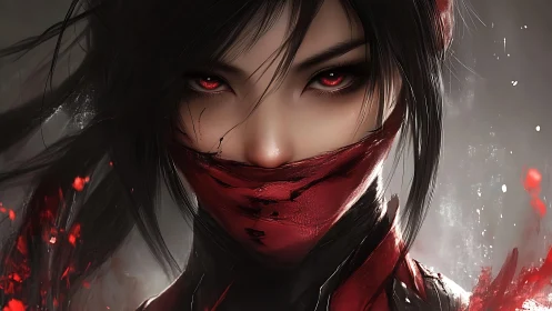 Masked red-eyed warrior in dynamic digital portrait.