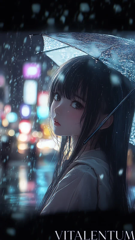 Nocturnal anime portrait under neon rain-soaked umbrella.