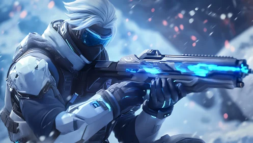Cybernetic sniper in arctic exosuit with luminous plasma rifle