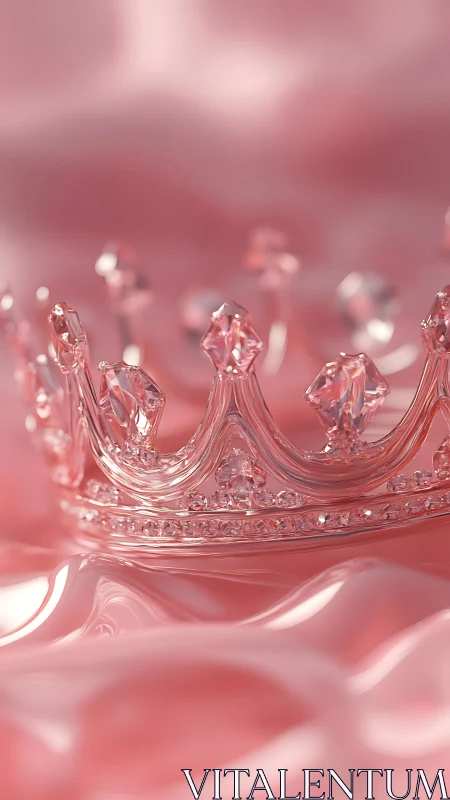 Translucent pink crystal crown resting on glossy fabric