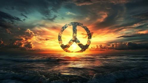 Peace symbol dissolving in vivid cinematic ocean sunset.