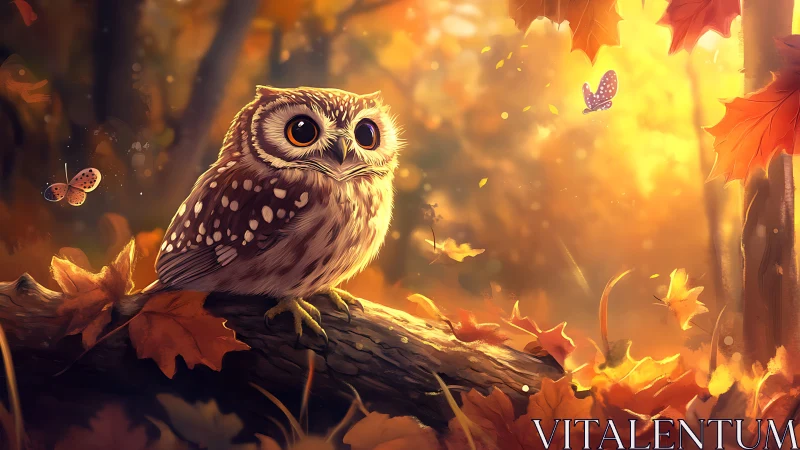 Whimsical owl on log in glowing autumn forest, digital art style.