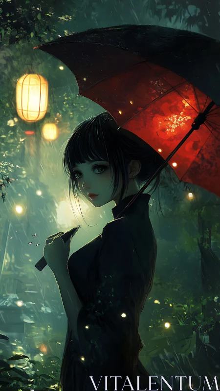 Woman with red umbrella in rainy lantern lit forest path.