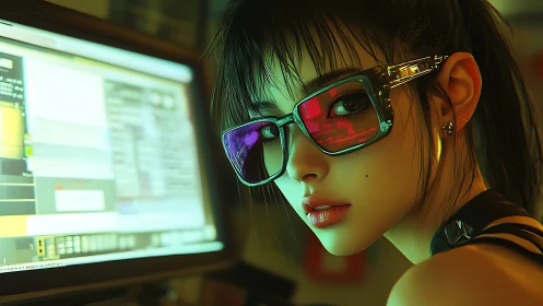 Cyberpunk woman working at glowing computer screen.