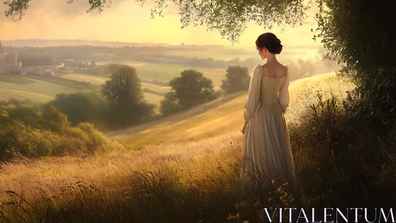 Woman in long dress stands on sunlit hillside at sunset