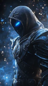 Hooded cyber knight in luminous blue arcane armor portrait.
