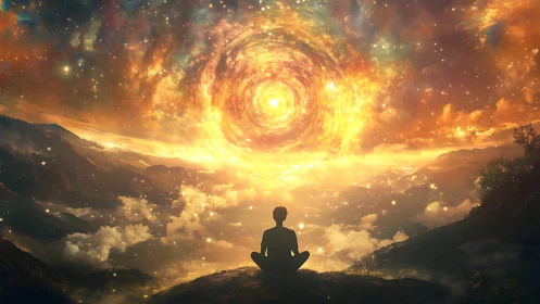 Meditating silhouette under vortex-like stellar nebula sky.