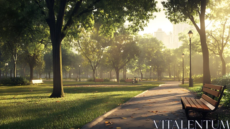 Sunlit city park path with empty wooden benches at dawn.