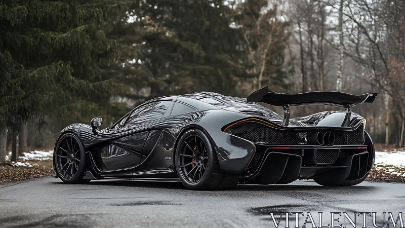 Carbon black hypercar dominates quiet winter forest road.