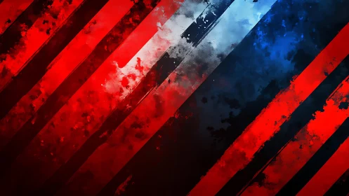 Bold abstract red, blue, and black diagonal stripes with grunge texture.