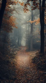 Misty Forest Path Through Autumn Woods.
