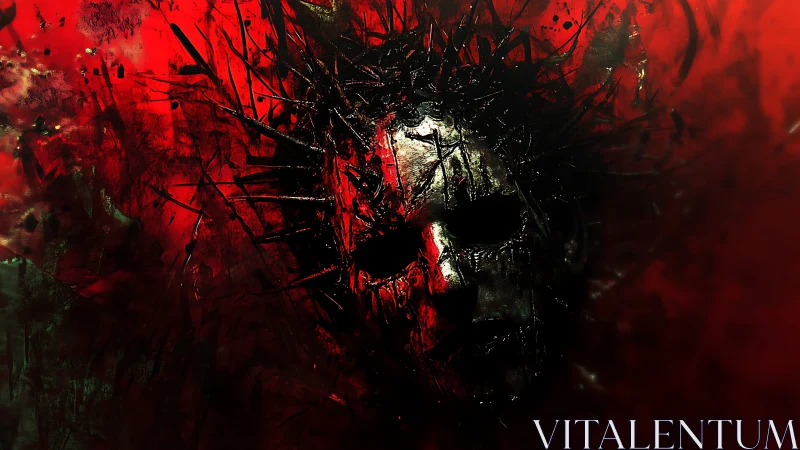 Distorted spiked human face emerging from red darkness.