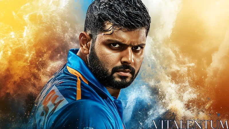 Intense cricket player emerges amid explosive color clouds.