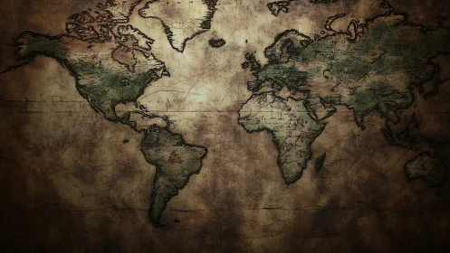 Weathered world map whispers stories across stained seas