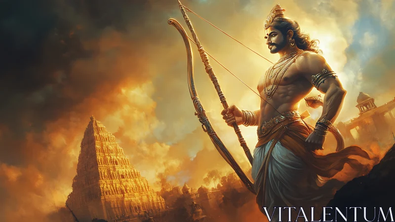 Warrior archer stands before golden temple at sunrise.