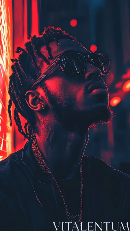 Neon lit portrait of man in sunglasses and chains at night.