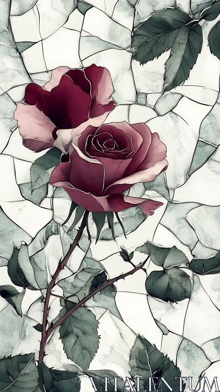 Stained-glass rose study with stylized botanical linework.