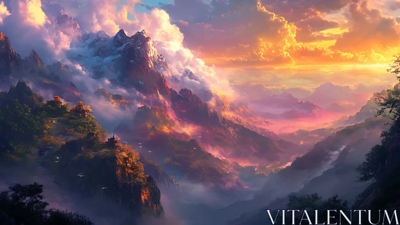 Sunrise pours molten color across mist-laced mythic peaks