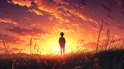 Backlit silhouette of lone figure in sunset grassland sky gradient