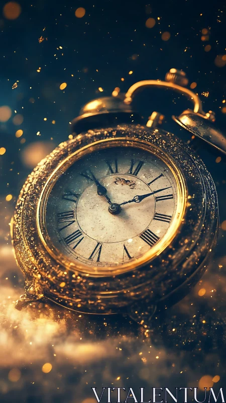 Golden pocket watch drifting through glittering time dust.