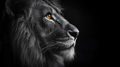 Close-up lion profile in dramatic monochrome lighting.