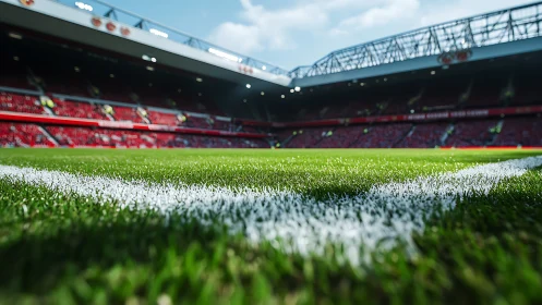 Low-angle stadium corner view shows textured turf and bokeh stands