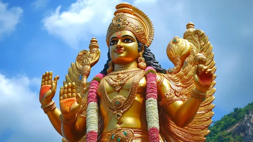 Golden Hindu deity statue glows against bright blue sky.