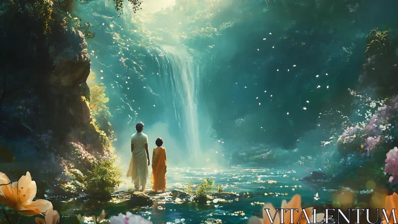Serene pilgrims greet a luminous waterfall in dreamlit forest.