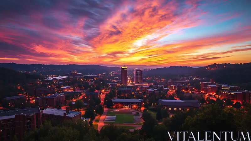 Panoramic cityscape captures illuminated downtown at vivid sunset