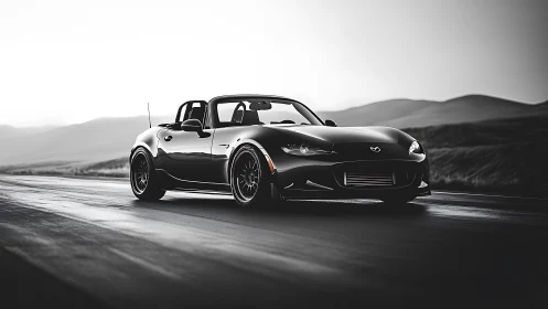 Black convertible sports car sits on wet open road at dusk