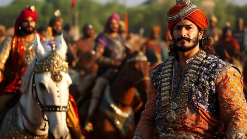 Regal Indian cavalry commander in jeweled orange brocade armor.
