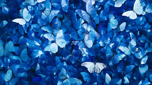 High-density swarm of blue morpho butterflies with layered wing overlap