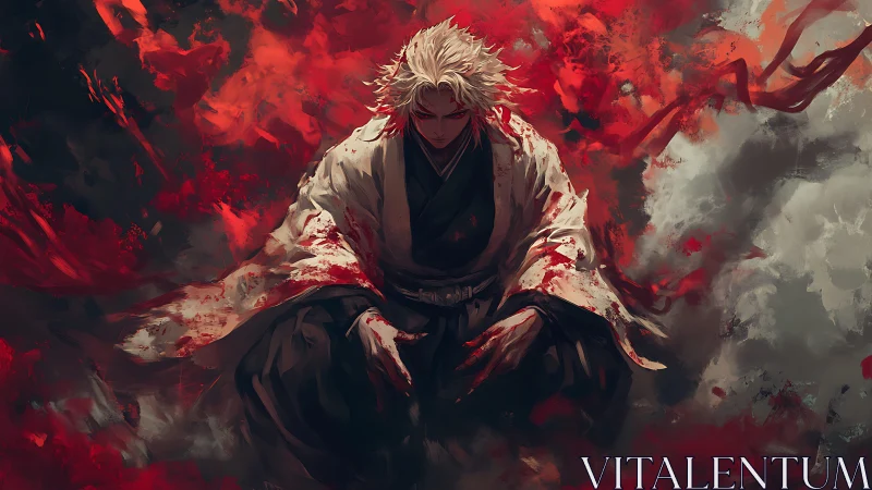 Warrior figure sits centrally amid red abstract motion