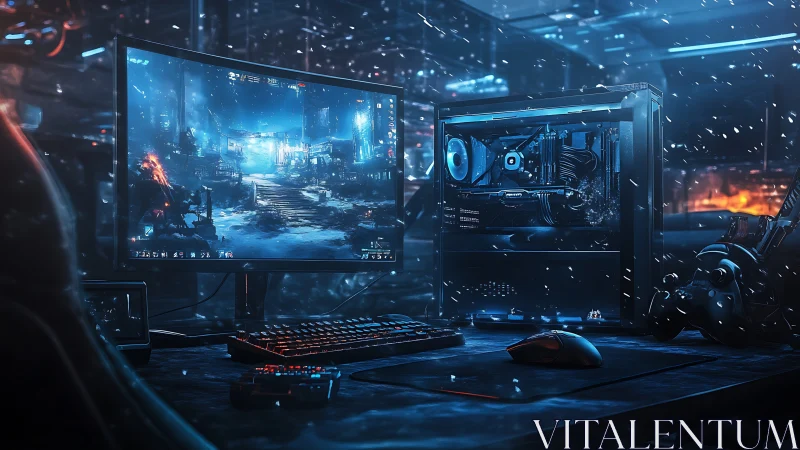 Immersive RGB gaming battlestation in neon blue glow.