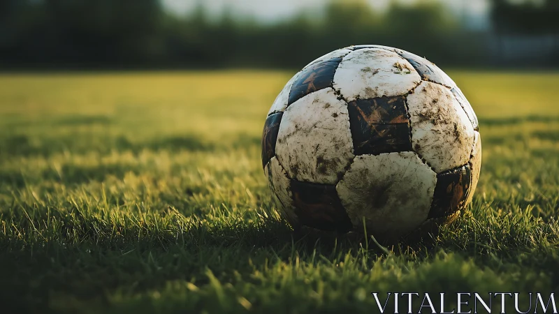 Weathered soccer ball resting on sunlit grass field.