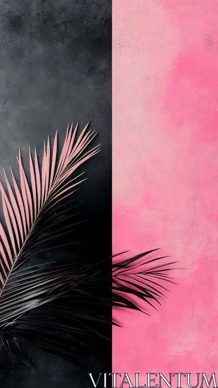 Palm leaf against split black and pink abstract wall.