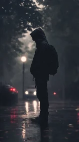 Hooded night wanderer pausing in soft city rain glow.