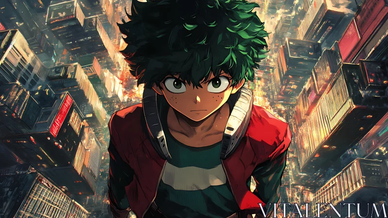 Determined green haired hero over neon cyberpunk cityscape.