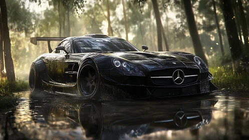 Sleek black sports car dominates a misty forest puddle