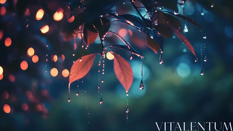 Moody raindrops on crimson leaves with cinematic bokeh glow.