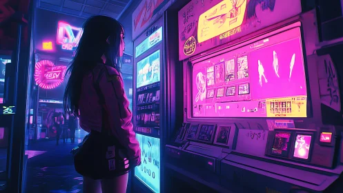 Cyberpunk street scene with woman at neon display panel.