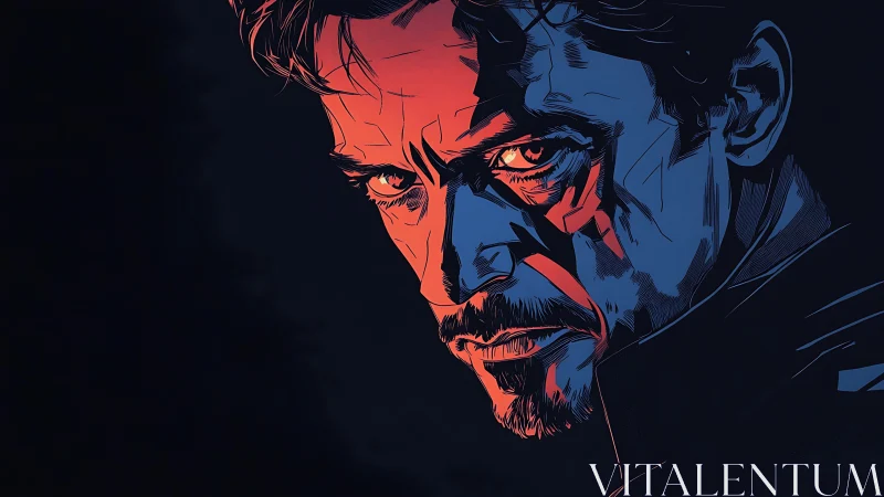 Angular noir portrait renders a dramatic red and cyan chiaroscuro